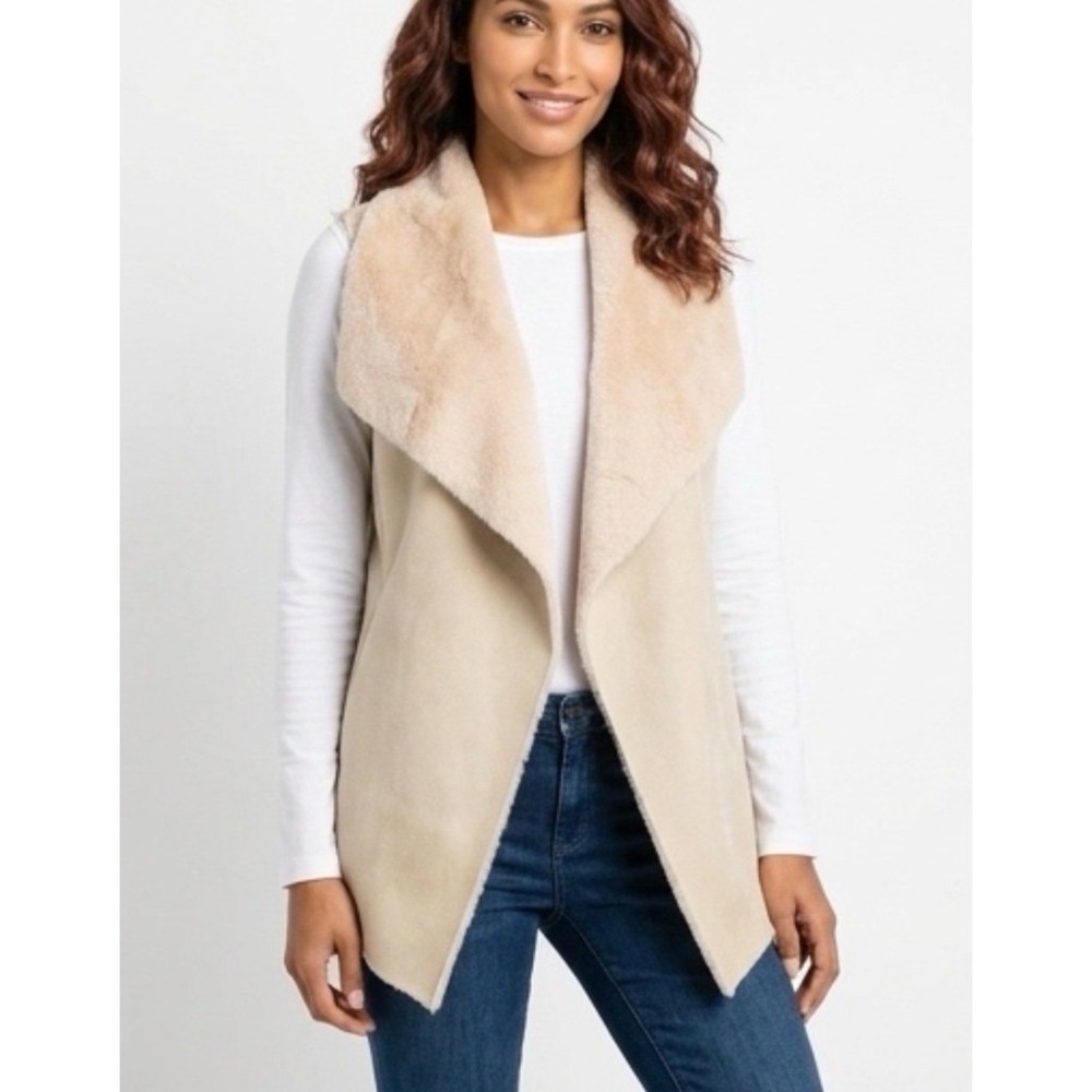 Twelfth Love Faux‎ Fur Vest Women Size S Beige Ribbed Knit Open Front Layering